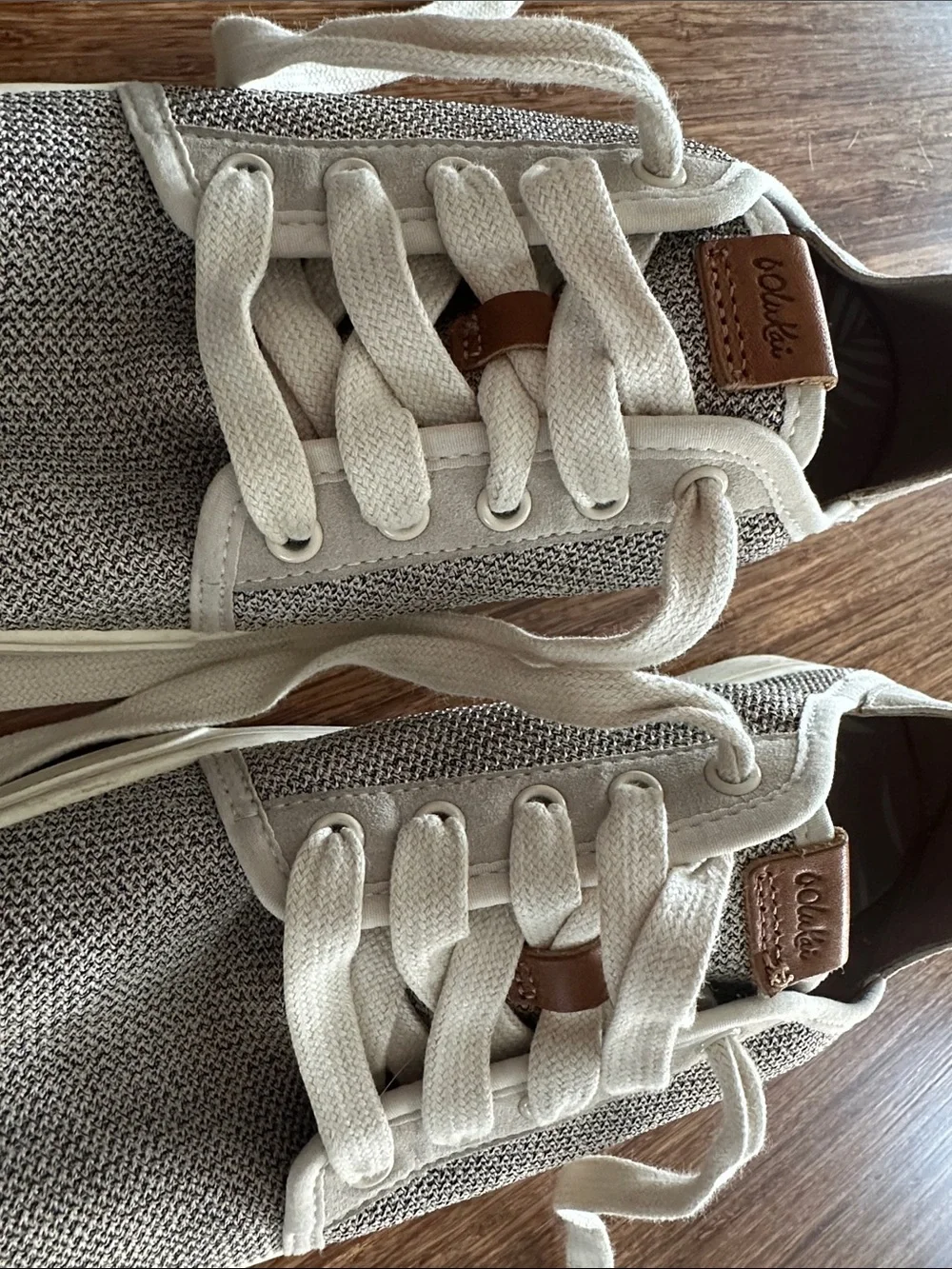 OluKai Women’s Knit Low-Top Sneakers in Light Gray and Cream